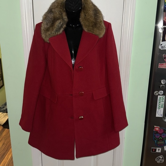 Kate Spade New York True Red Faux-Fur Trim Walker Coat Wool Blend Size Medium - Picture 8 of 15